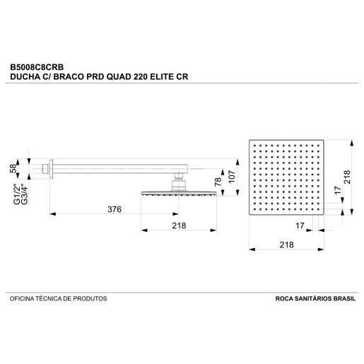 Chuveiro com Braço Parede Quadrado 200 mm Elite Celite